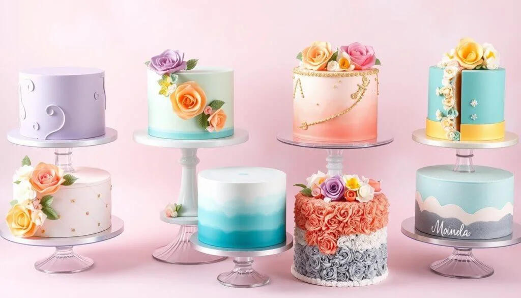 Various gender reveal cakes in different colors and floral designs on stands against a pink background.