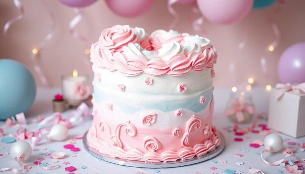 A gender reveal cake with pink and blue frosting swirls and rose decorations, surrounded by pastel balloons and confetti.